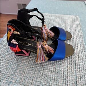Lara Conte Beaded Bird Ruffel Comfortable Chunky
Heel Sandals
